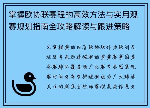 掌握欧协联赛程的高效方法与实用观赛规划指南全攻略解读与跟进策略