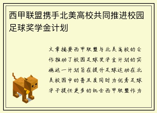 西甲联盟携手北美高校共同推进校园足球奖学金计划 西甲联盟携手北美高校共同推进校园足球奖学金计划